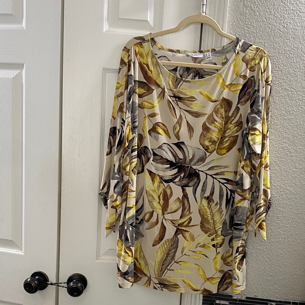 Susan Graver Liquid Knit Leaf Print Blouse with Yellow and Brown Tones